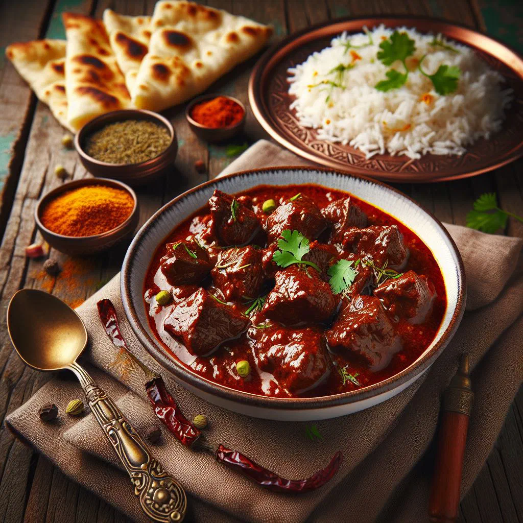 Beef bhuna simmered in a rich spiced onion gravy, garnished with fresh coriander