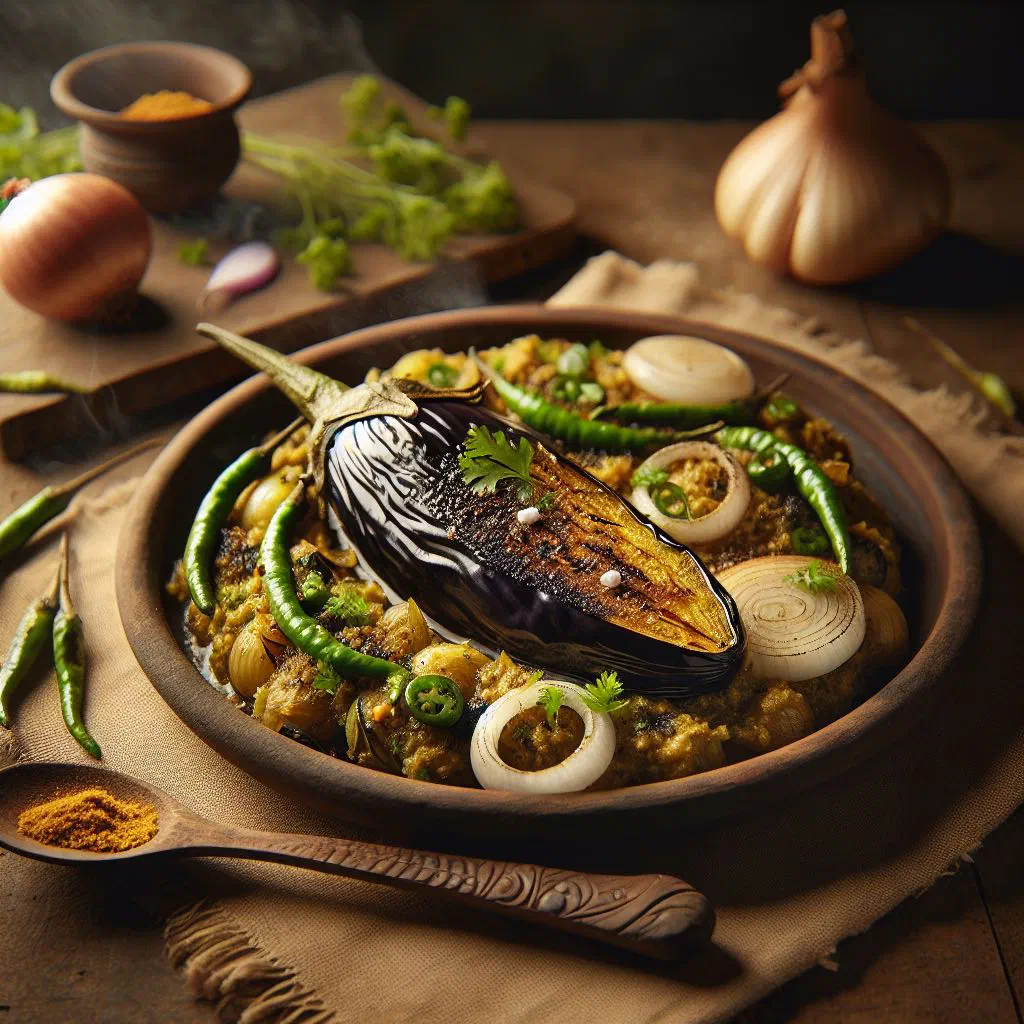 Grilled aubergine mash topped with coriander, chilli and garlic