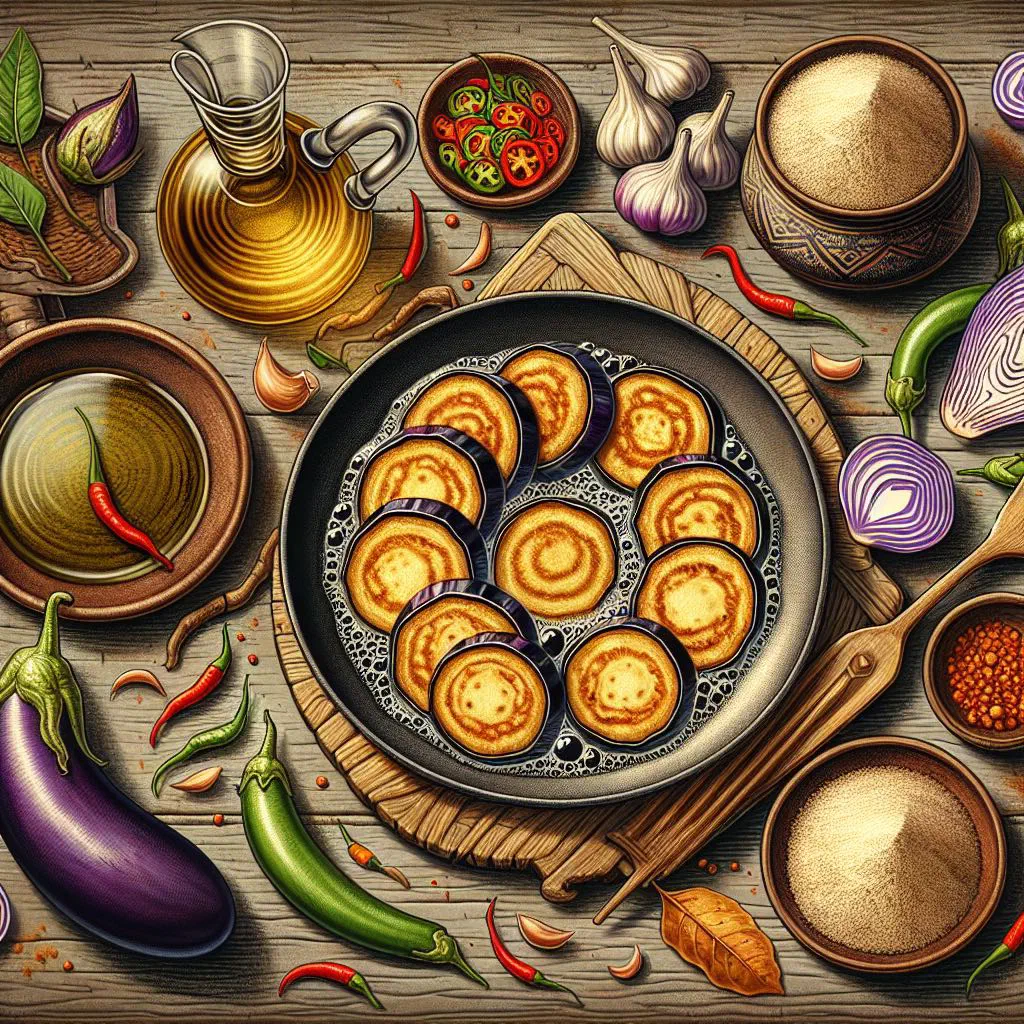 Golden fried aubergine slices in a spiced chickpea batter