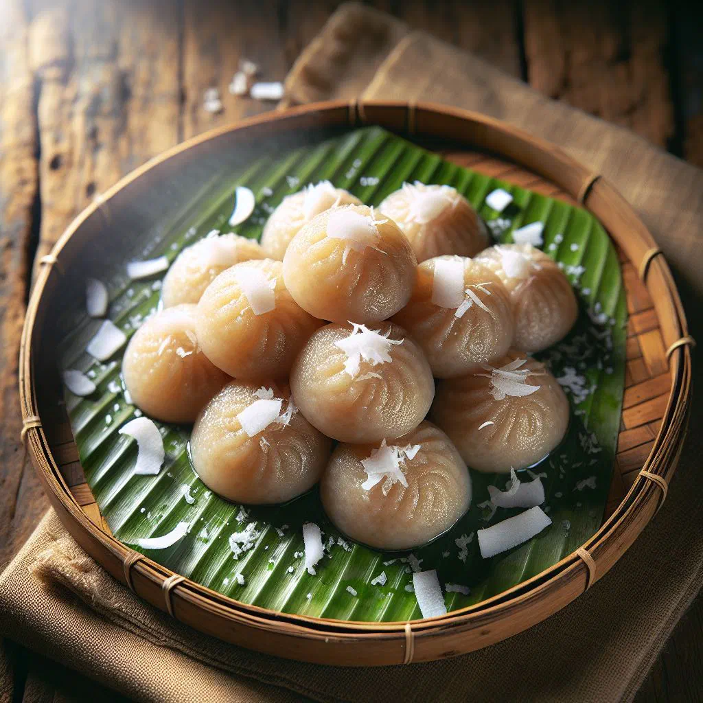 Steamed bhapa pitha rice cakes topped with fresh grated coconut