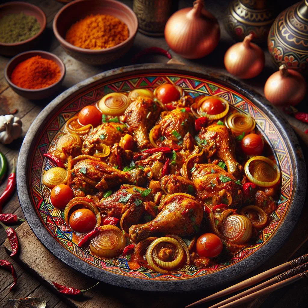 Bhuna chicken in a rich spiced sauce garnished with fresh coriander