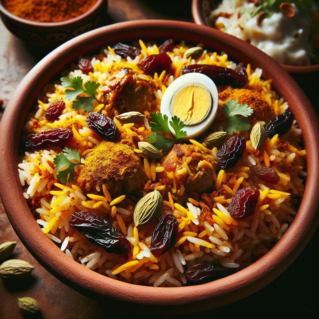 Fragrant Bangladeshi biriyani with saffron rice, spiced meat and fresh coriander