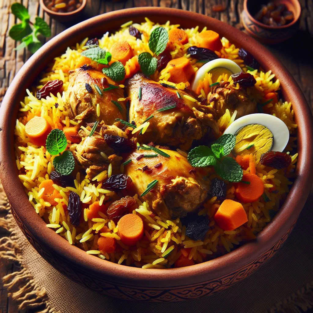 Fragrant biryani with tender meat and saffron-tinted basmati rice, garnished with fresh herbs