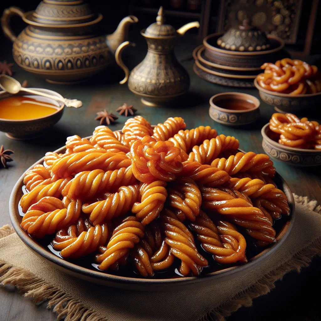 Golden deep-fried chanar jilapi coils soaked in sugar syrup