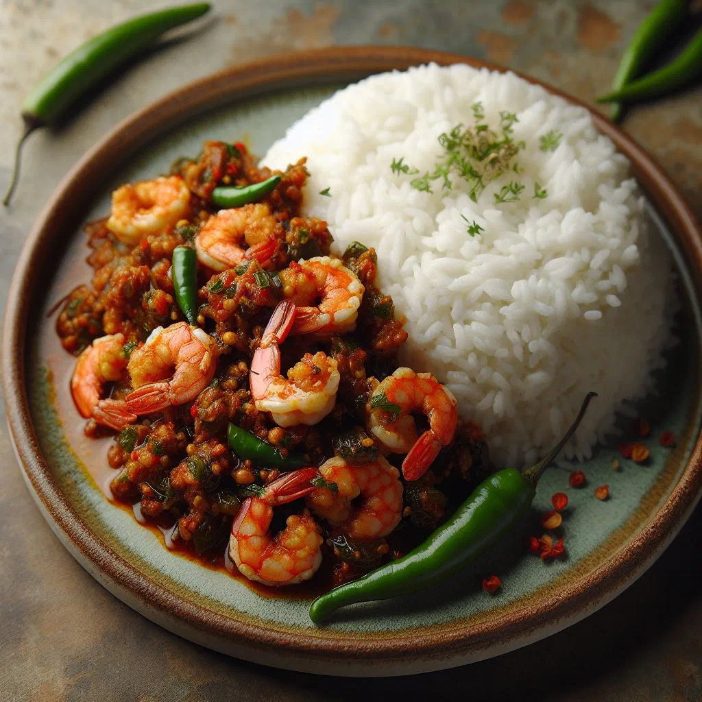 Mashed prawn chingri bhorta garnished with coriander, served with steamed rice