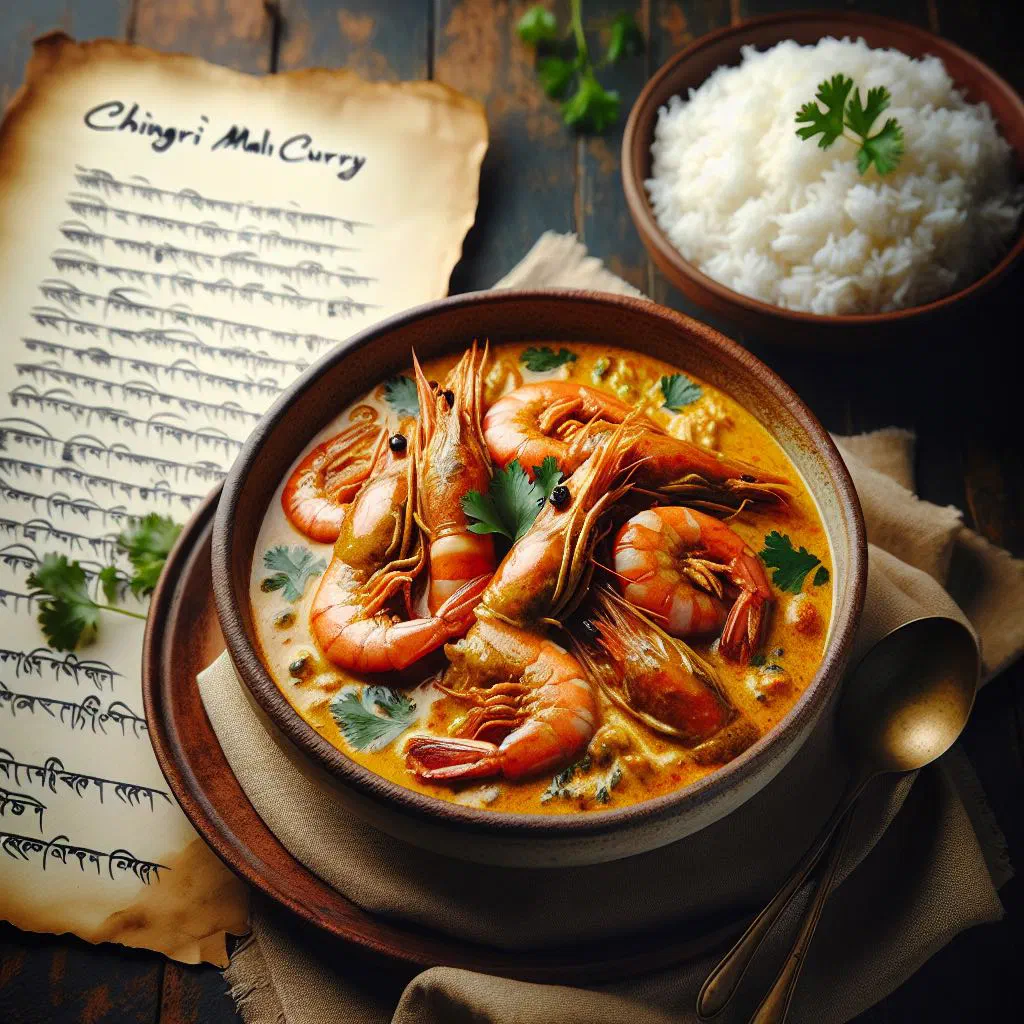 Chingri malai curry with prawns in a creamy coconut sauce, garnished with coriander
