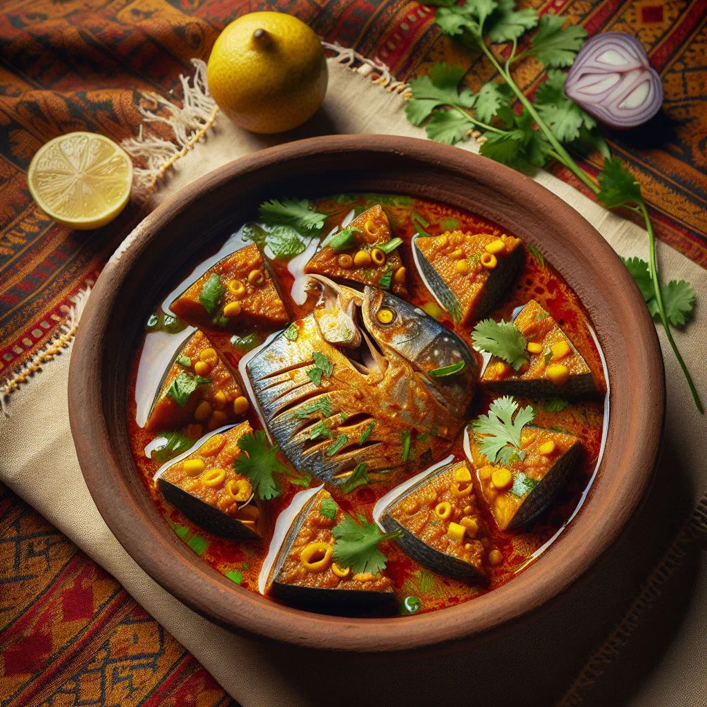 Chitol fish simmered in a spiced onion and tomato gravy, garnished with coriander