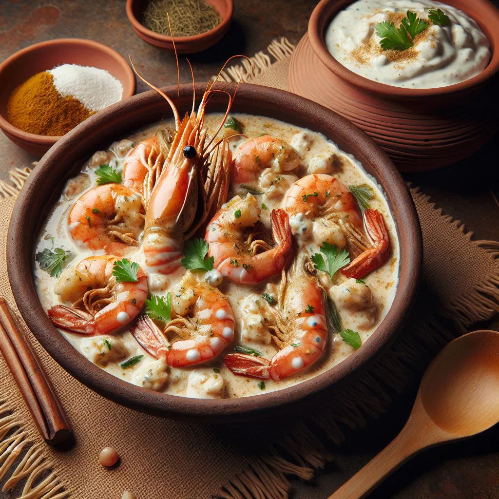 Prawns simmered in a creamy yoghurt sauce garnished with fresh coriander