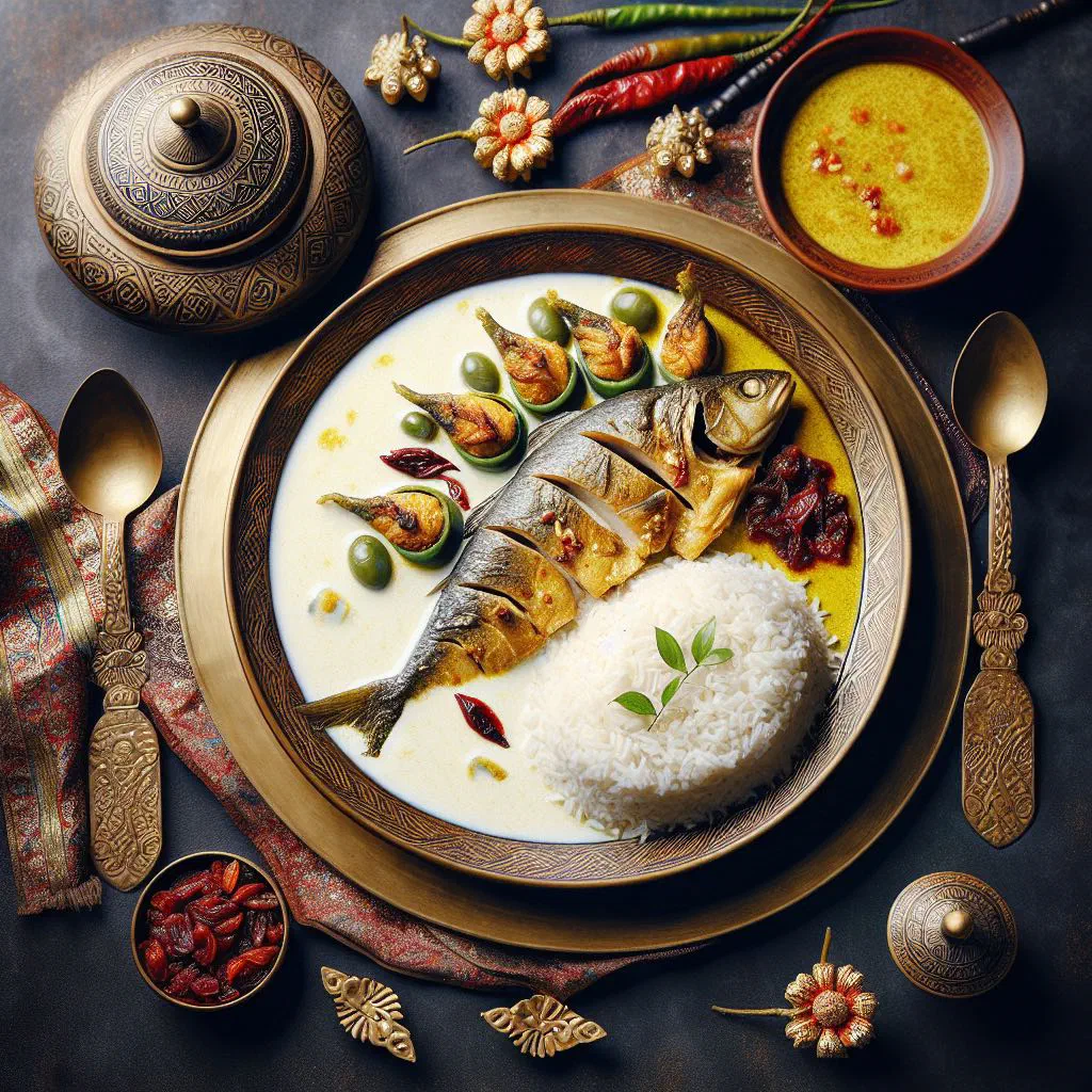 Doi maach fish pieces in a creamy yogurt sauce garnished with coriander