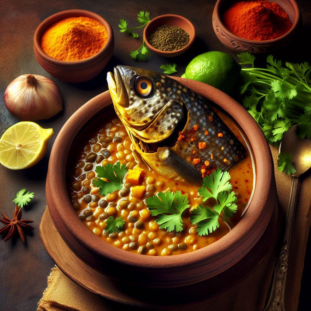 A bowl of red lentil dal cooked with fish heads, garnished with fresh coriander