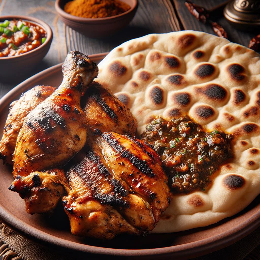 Grilled chicken pieces served with soft naan roti and fresh herbs