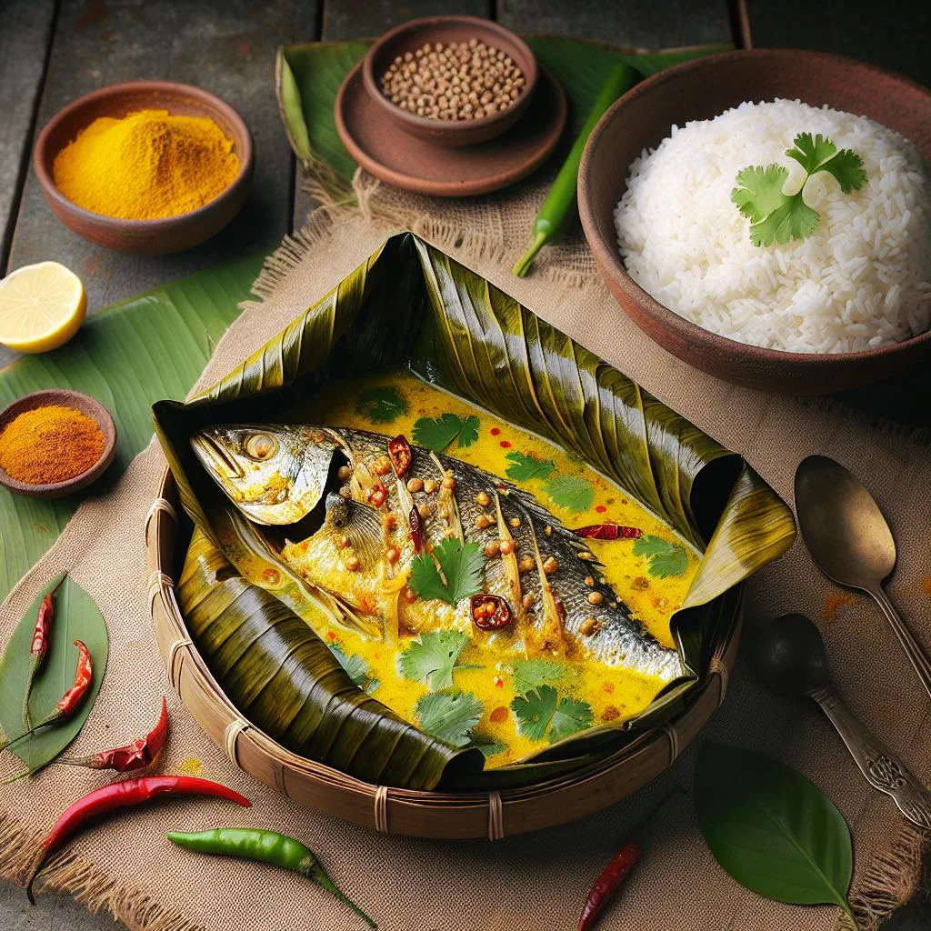 Steamed ilish fish in mustard and coconut marinade, served with rice