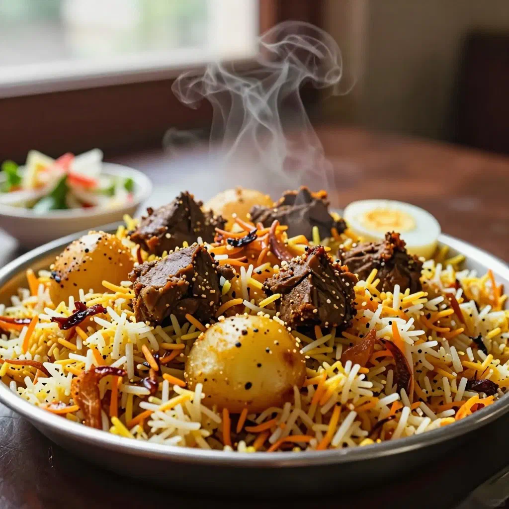 Kacchi biryani with tender lamb and saffron basmati rice garnished with fresh herbs