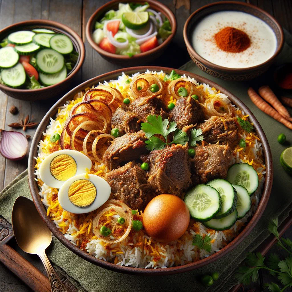 Kachchi biryani with tender marinated meat and fragrant basmati rice, garnished with fresh herbs