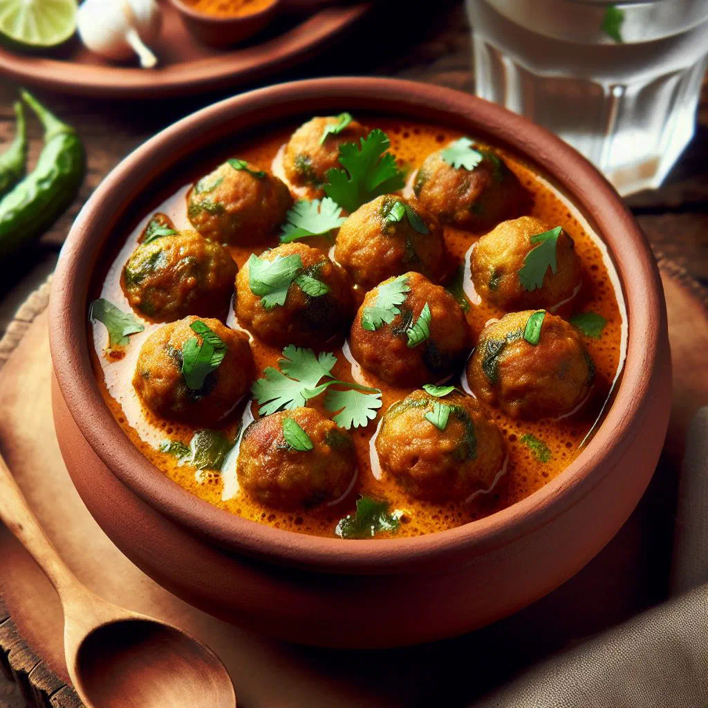 Banana blossom kofta balls simmered in a spiced coconut curry, garnished with fresh coriander