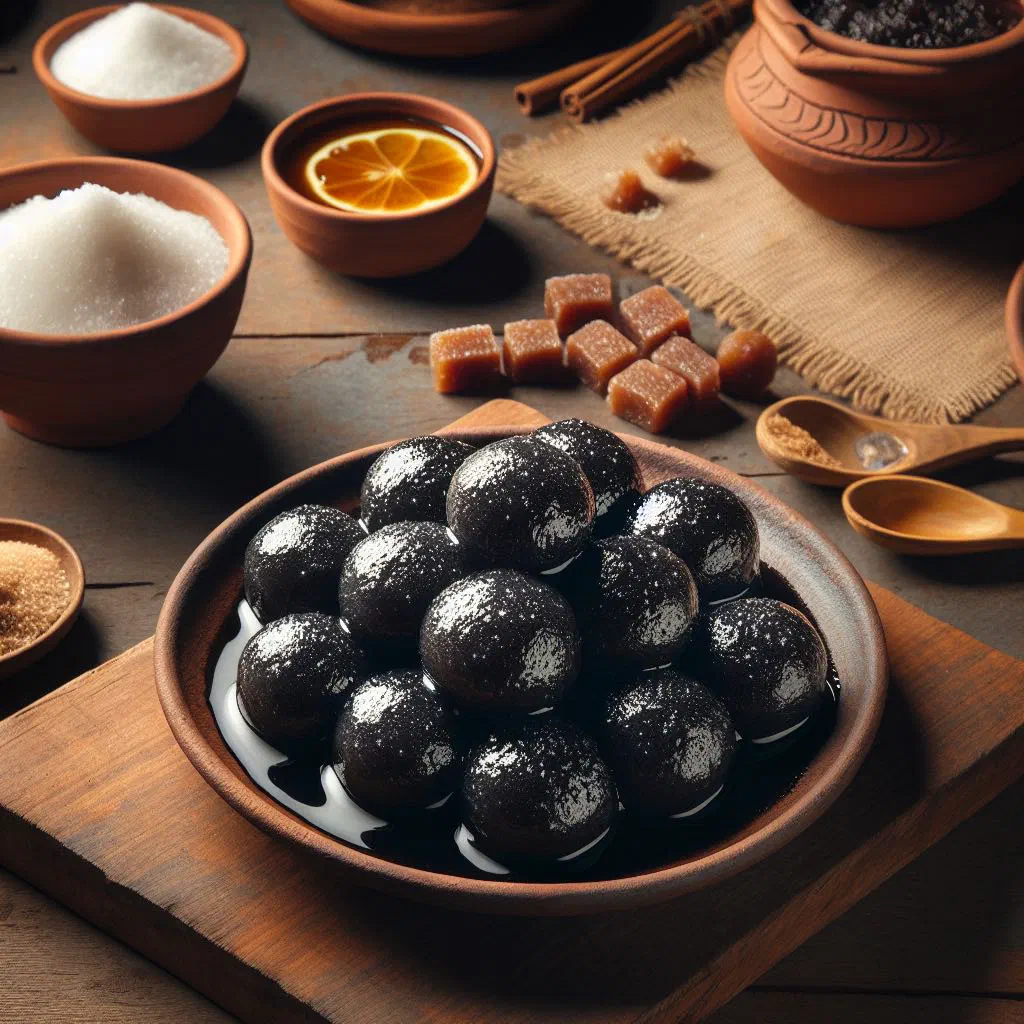 Dark, syrup-soaked kalo jam dumplings garnished with chopped nuts