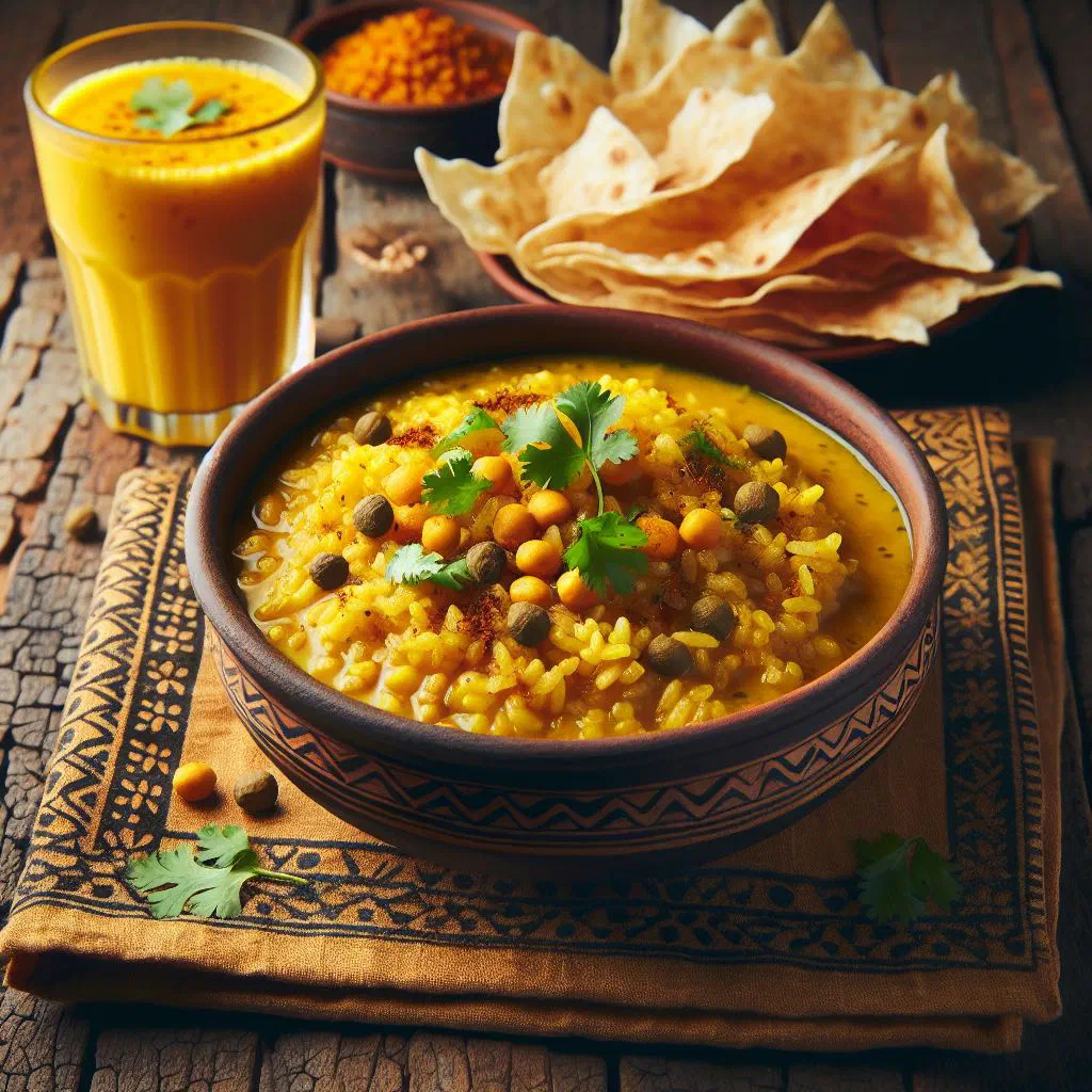 A steaming bowl of Bangladeshi khichuri garnished with fresh herbs