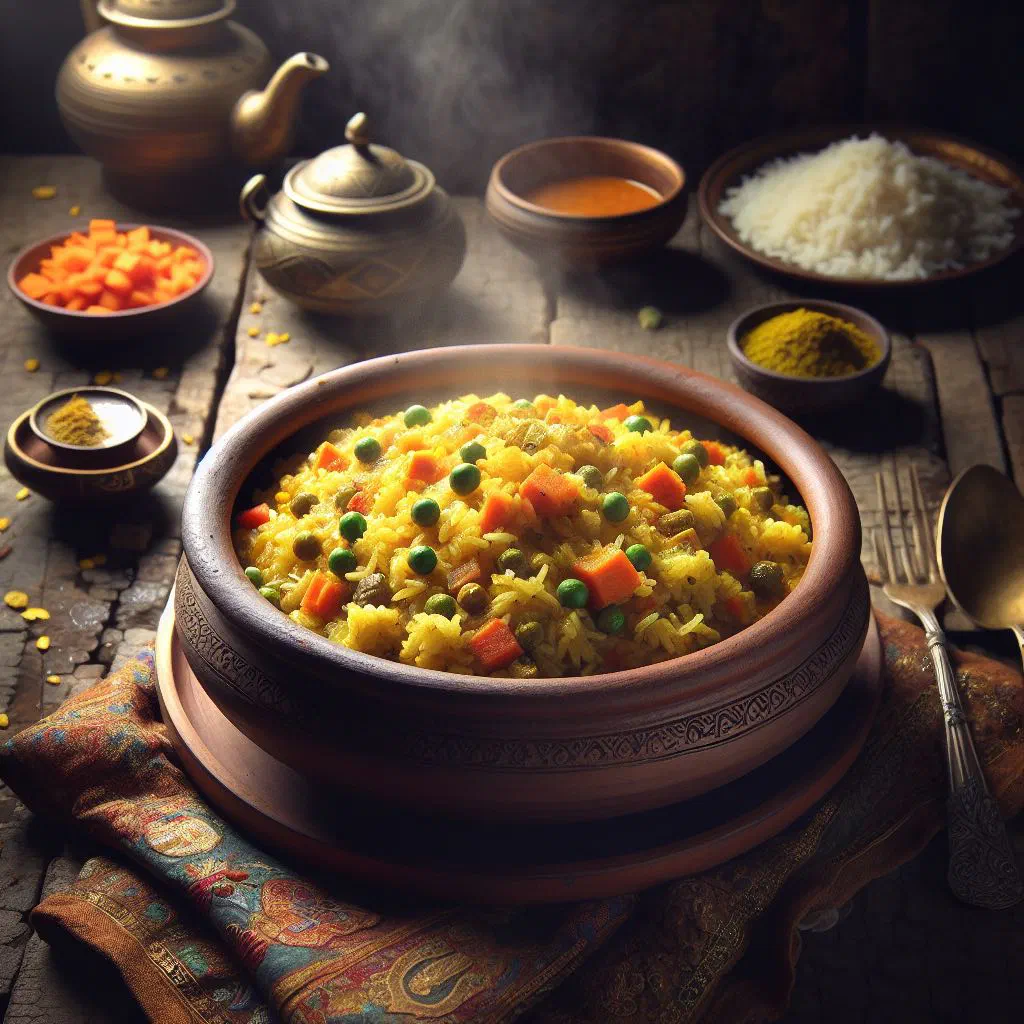 A bowl of Bangladeshi khichuri with rice, lentils and mixed vegetables
