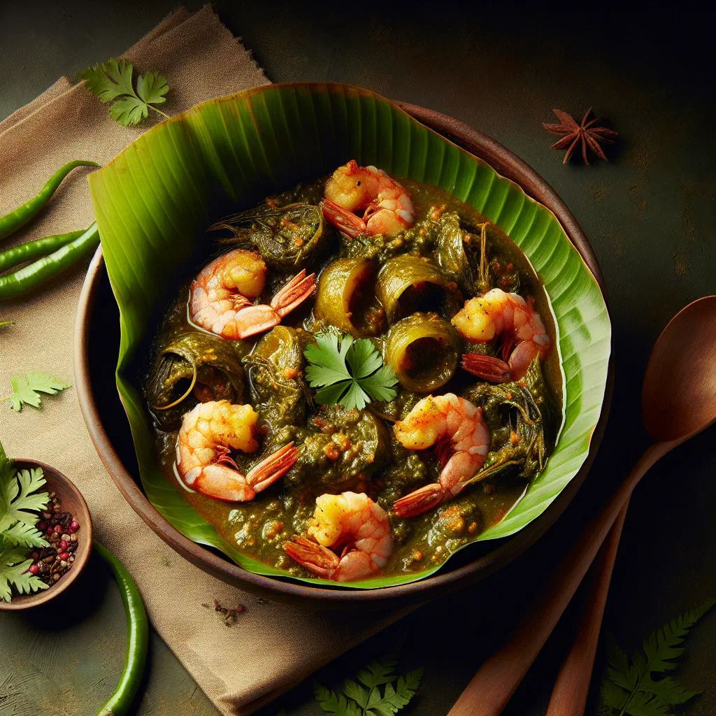 Kochu pata chingri with prawns and taro leaves garnished with fresh coriander