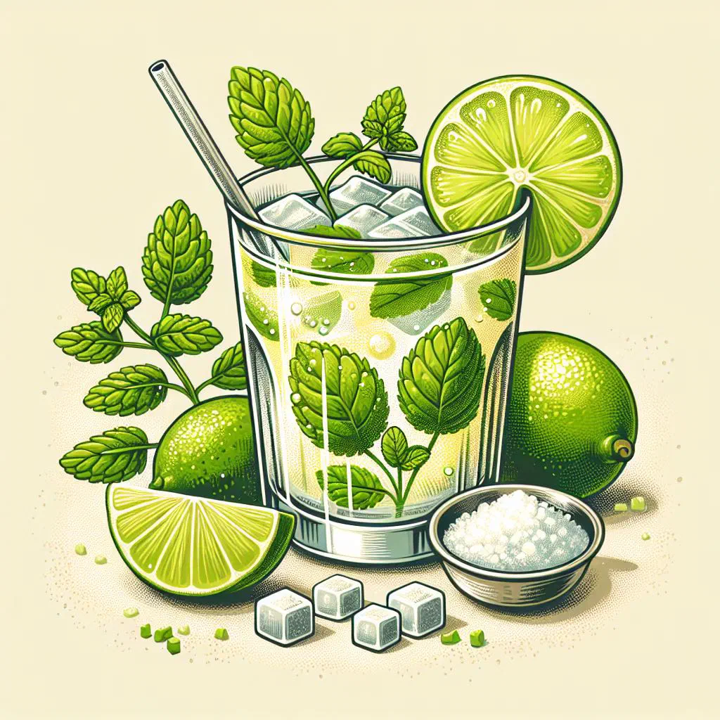 A tall glass of Lebu Pani with lime slices and fresh mint