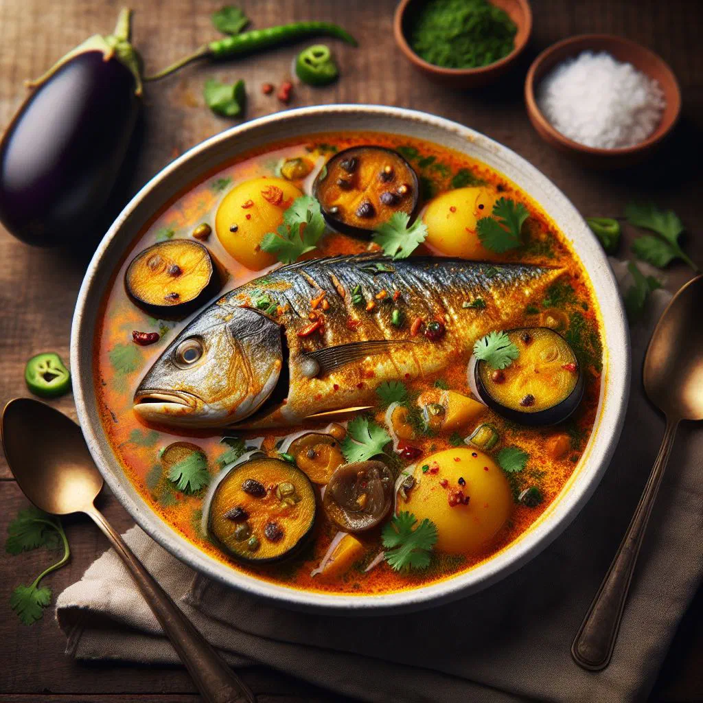 Bowl of Bangladeshi macher jhol fish curry with potatoes and fresh coriander