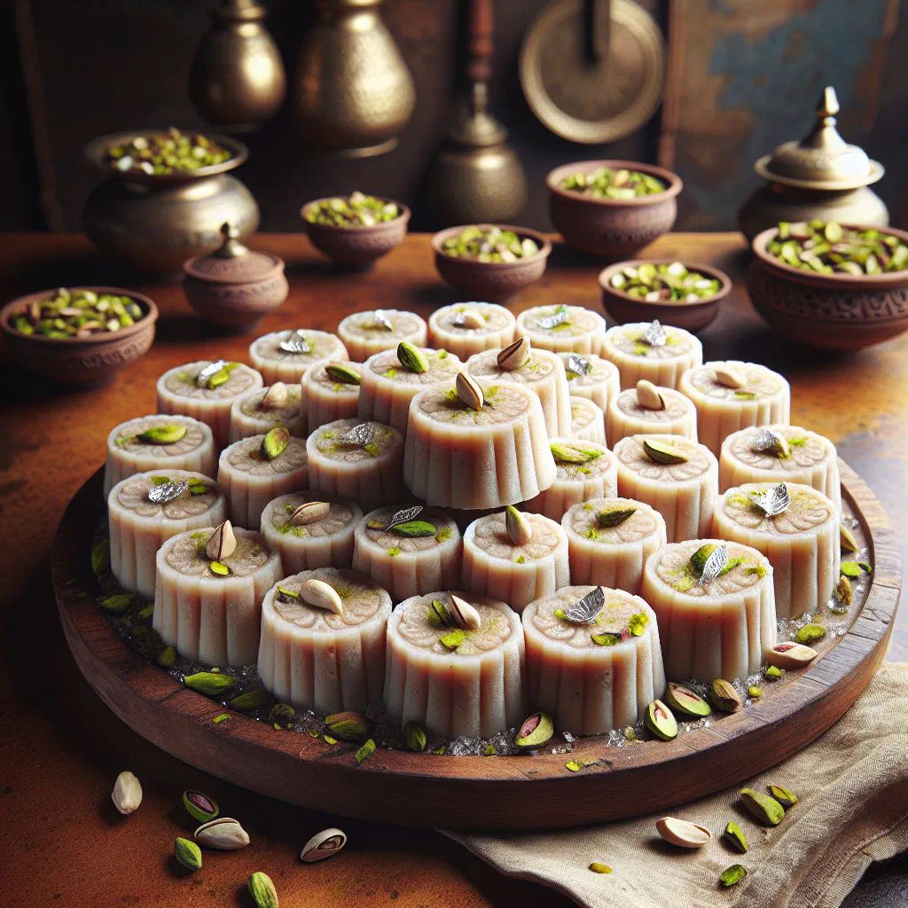 Cardamom-scented mishti sandesh pieces topped with chopped pistachios