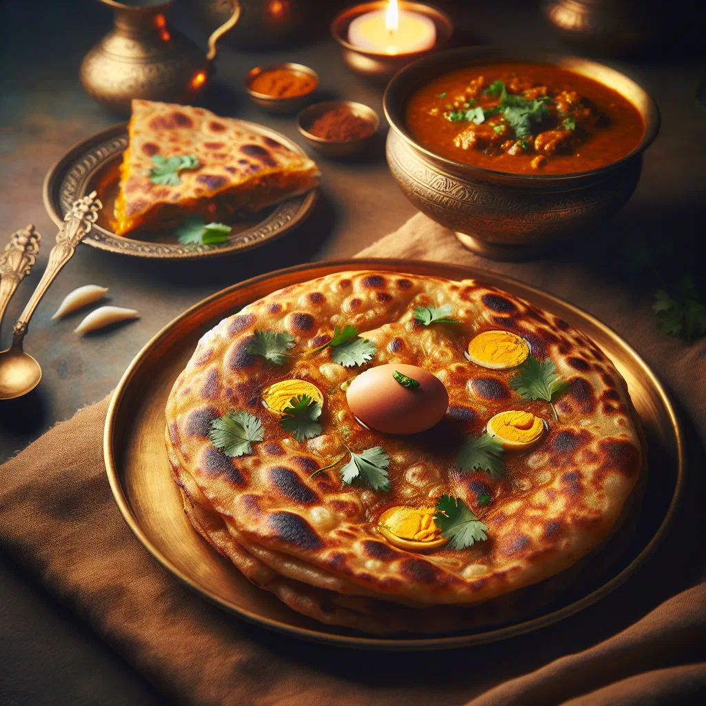 Golden, crispy Mughlai paratha filled with spiced egg and meat