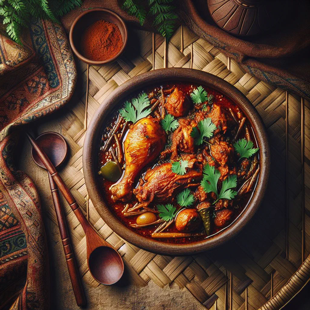 Murgi bhuna chicken curry garnished with fresh coriander