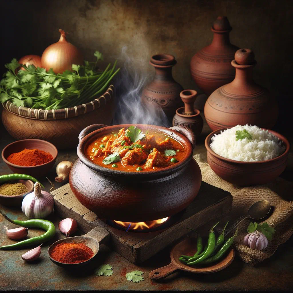 Bowl of Murgir Jhol chicken stew garnished with fresh coriander