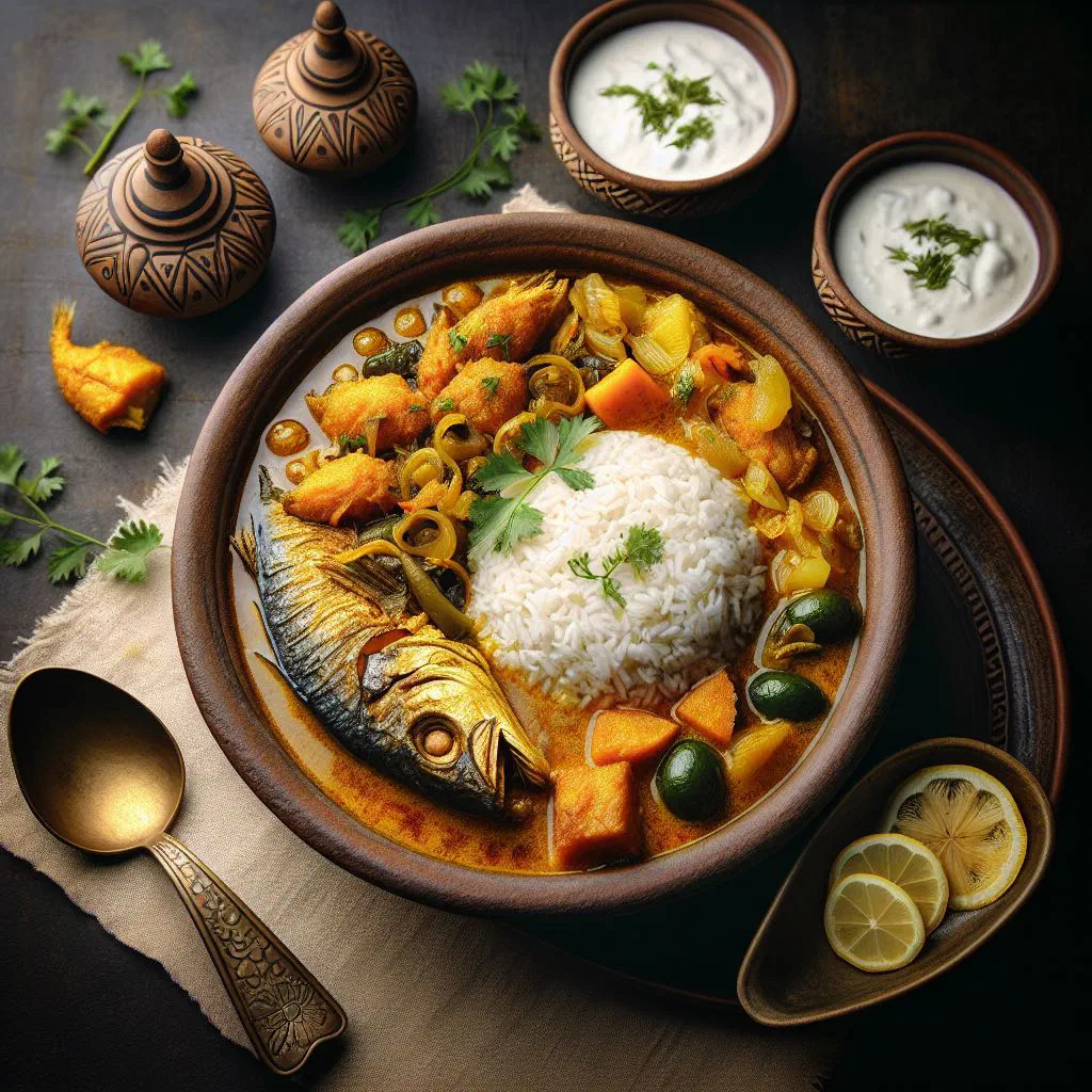 Muri Ghonto with spiced rice and fish garnished with fresh coriander