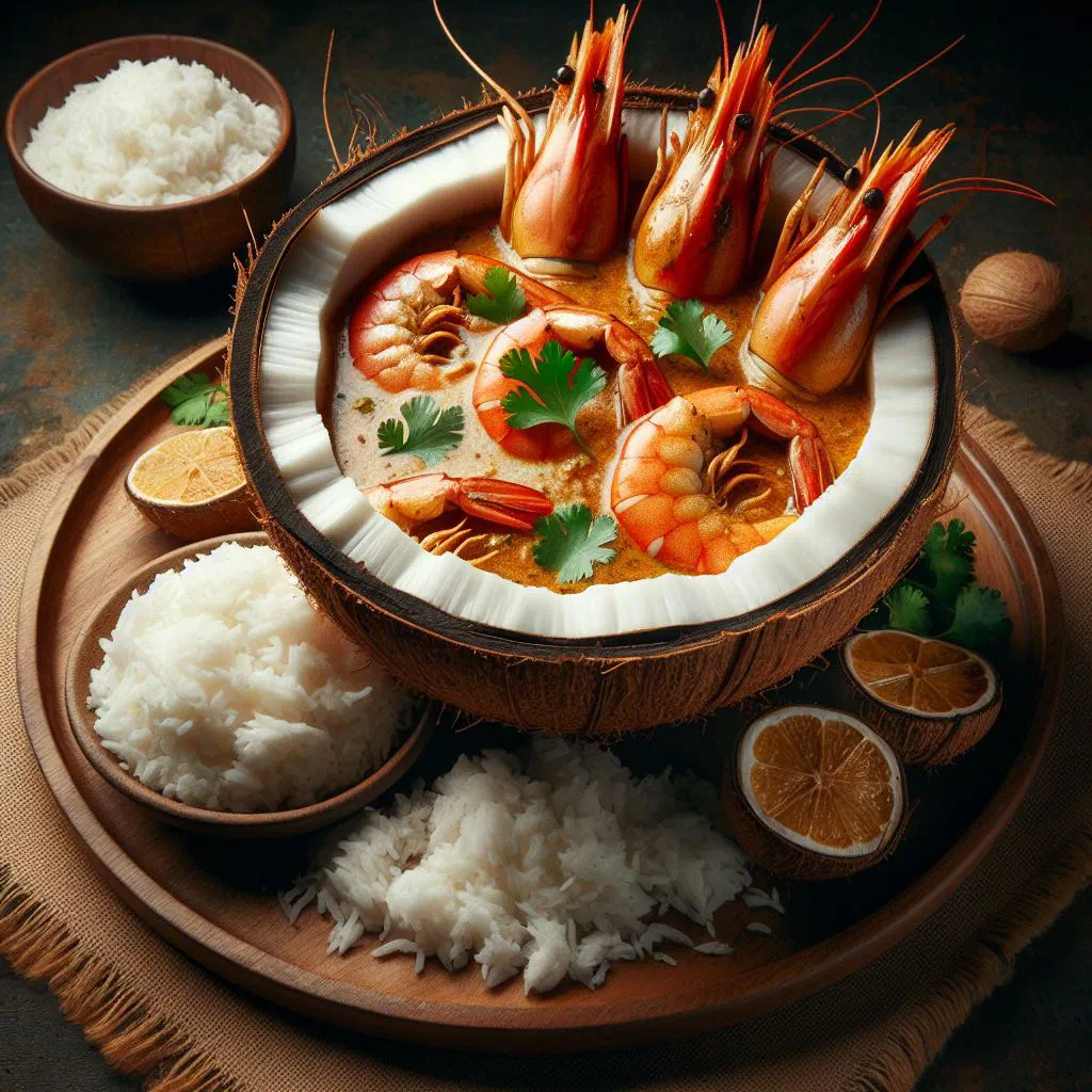 Narkel chingri prawns cooked with grated coconut and green chillies, garnished with coriander