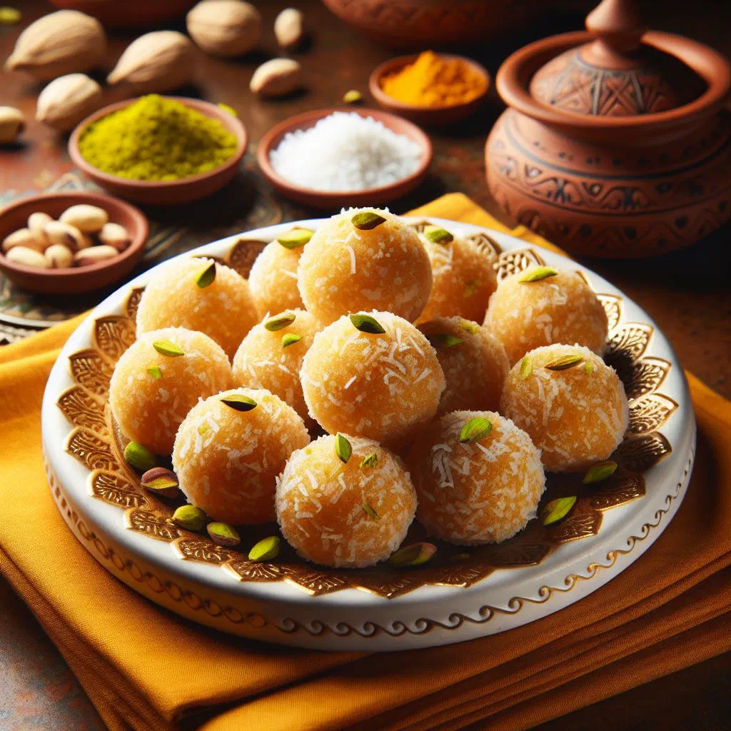 Round coconut sweet balls dusted and arranged on a plate