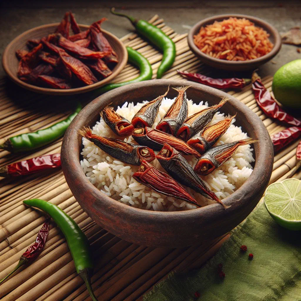 Bowl of fermented rice with dried fish, sliced onions and fresh coriander