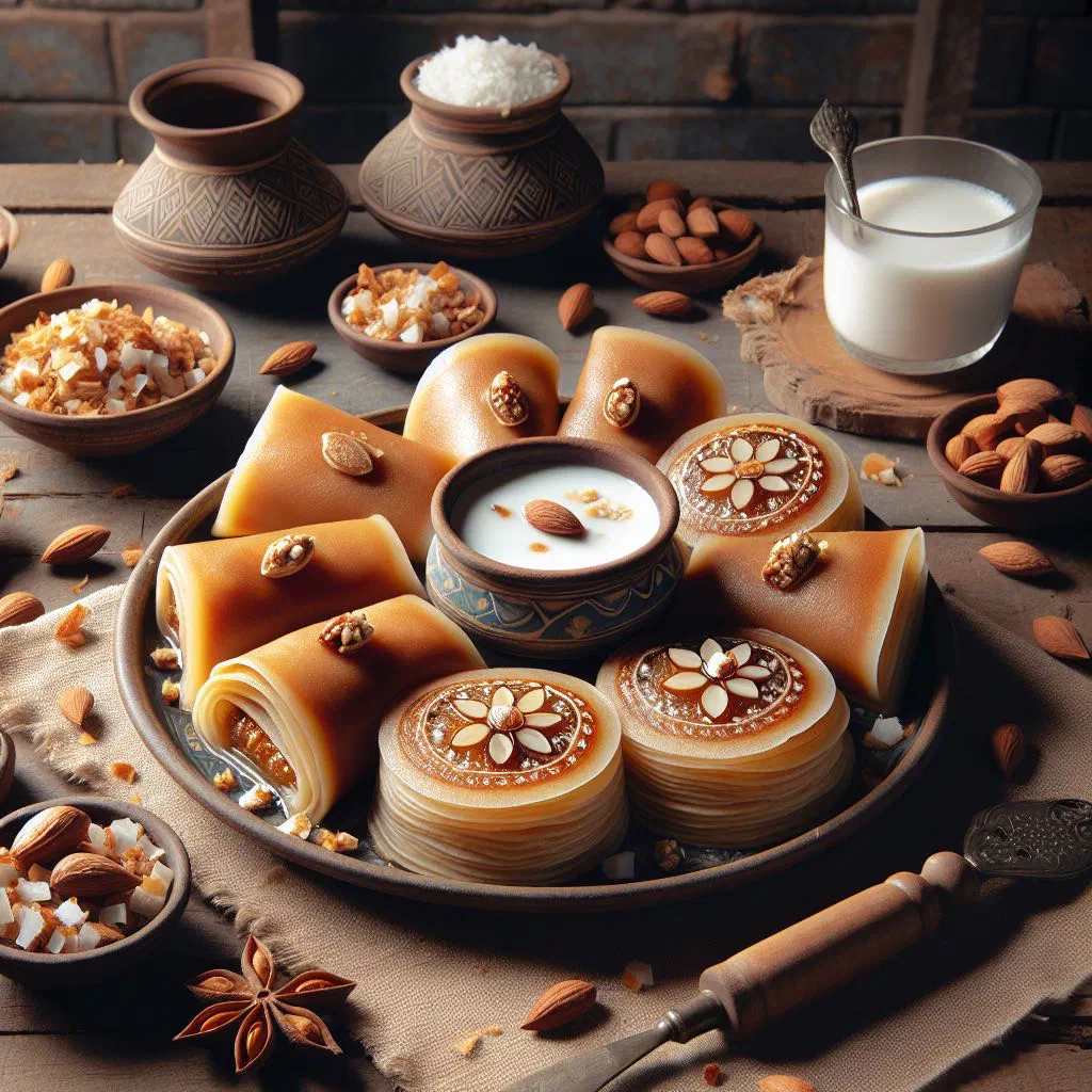 Rolled patishapta pitha filled with sweet coconut and jaggery