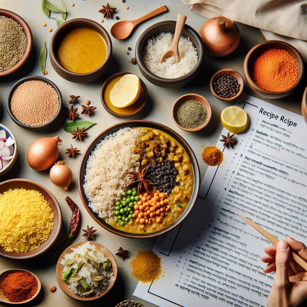 A steaming bowl of patla khichuri garnished with fresh coriander
