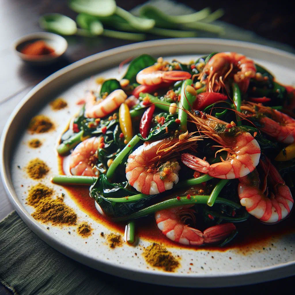 Pui shak chingri, prawns and Malabar spinach simmered in a coconut milk sauce, garnished with coriander