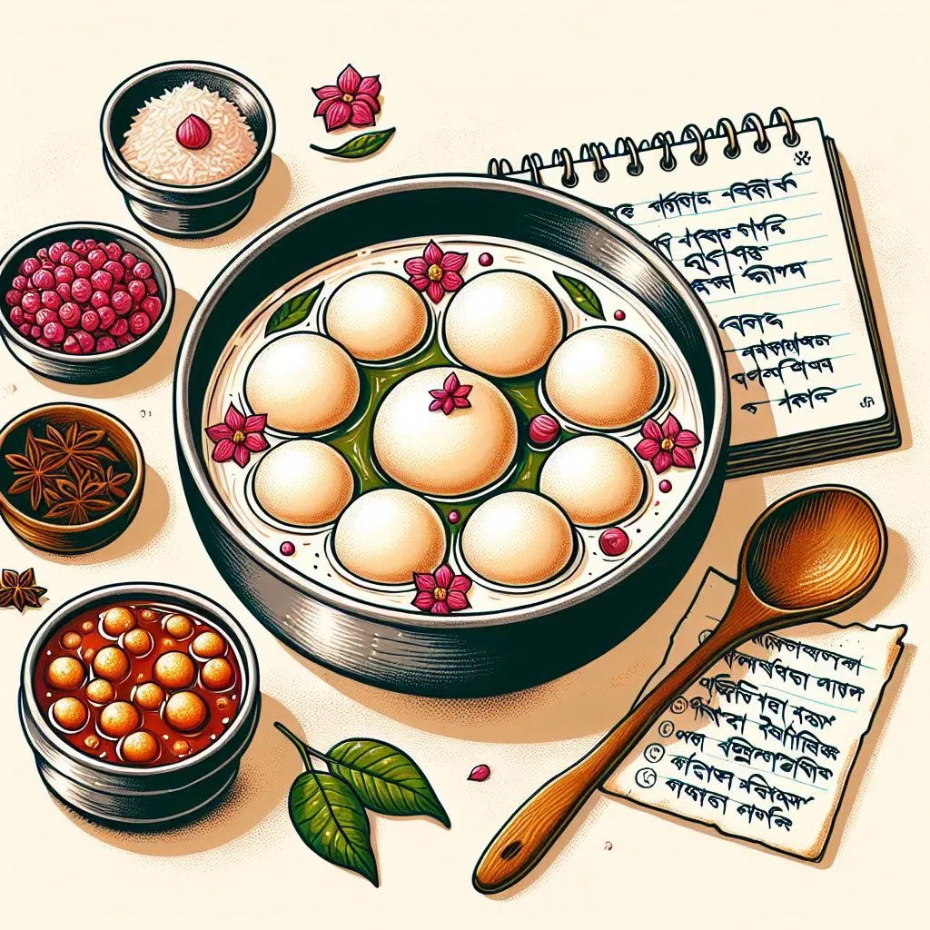 Soft white rasgulla balls soaking in light sugar syrup
