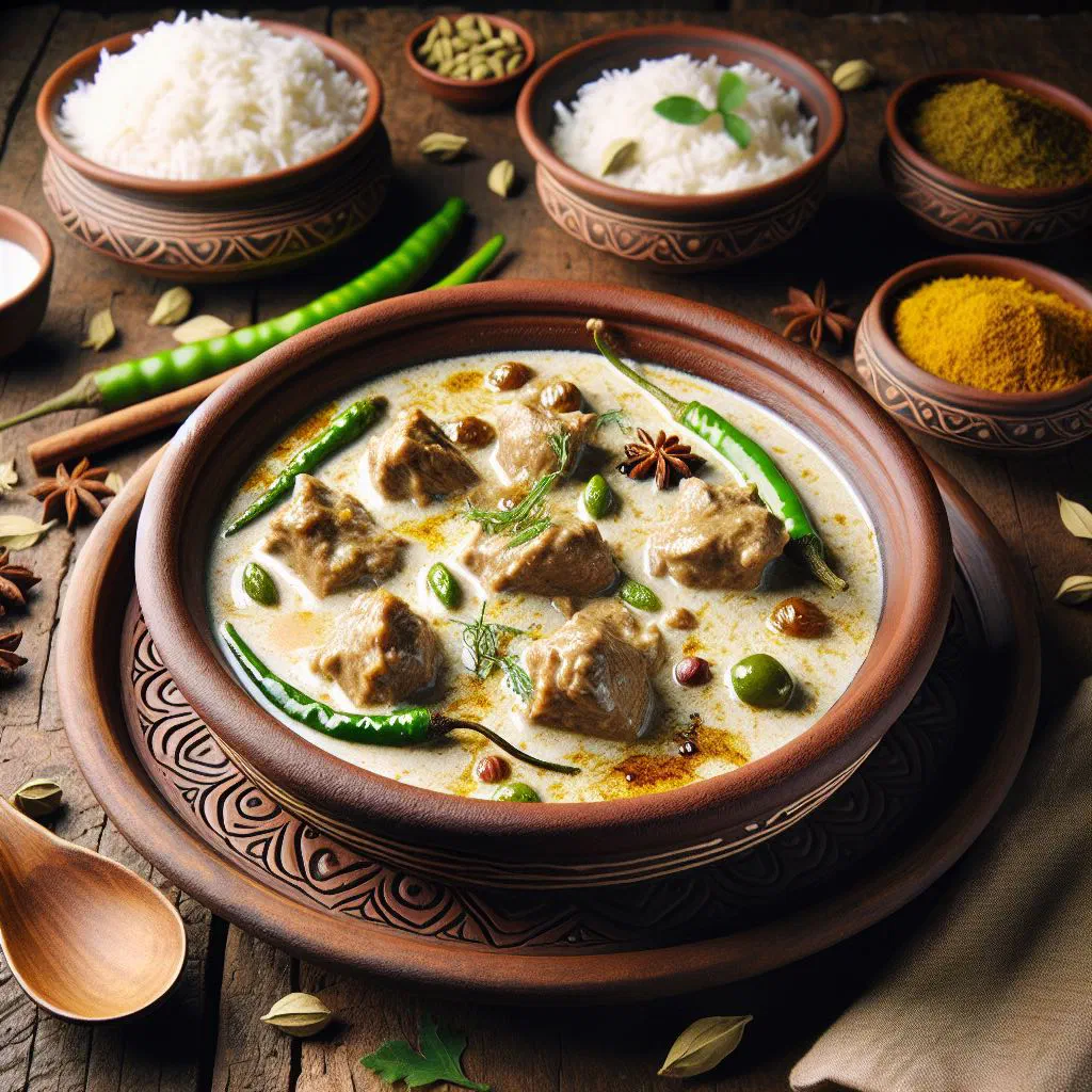 Creamy Bangladeshi rezala with tender meat in a pale yoghurt and cashew sauce, garnished with coriander