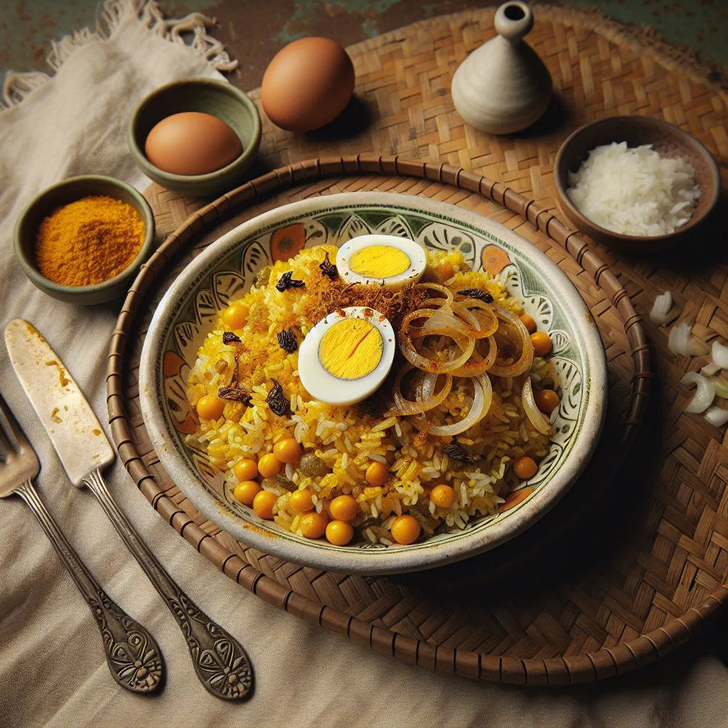 Bowl of bhuna khichuri, spiced rice and lentils garnished with fresh coriander
