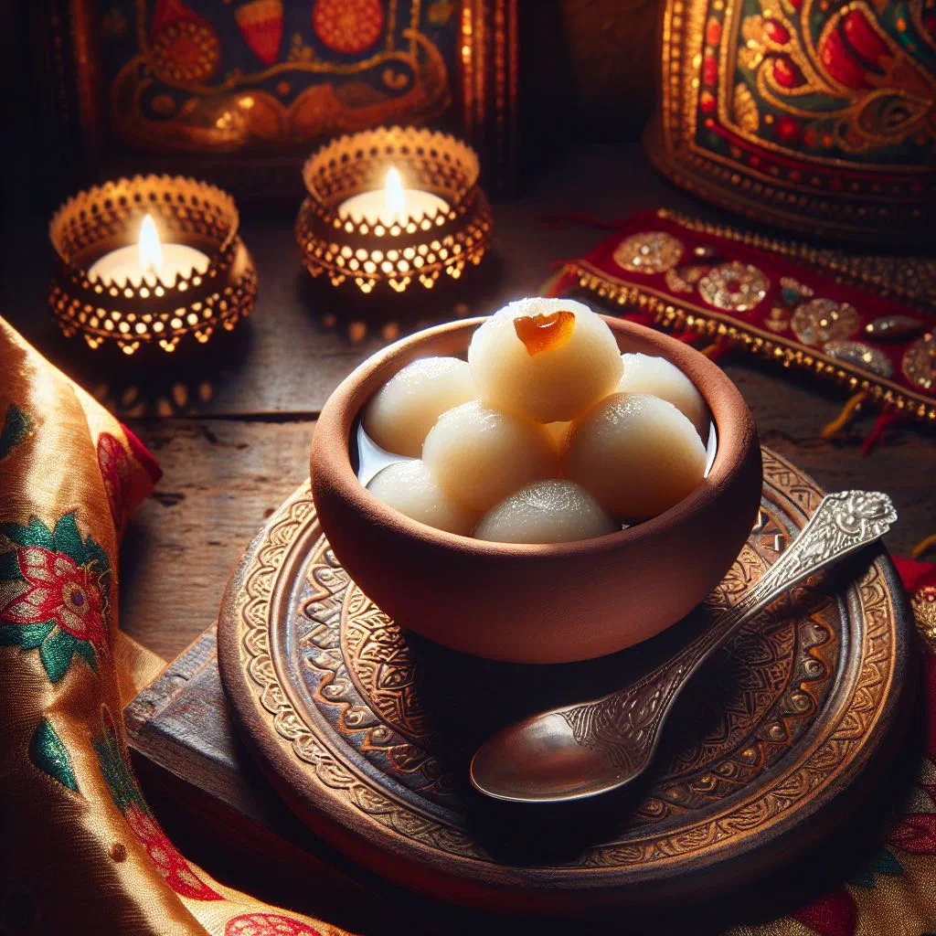 Soft white roshogolla balls soaking in a bowl of sugar syrup