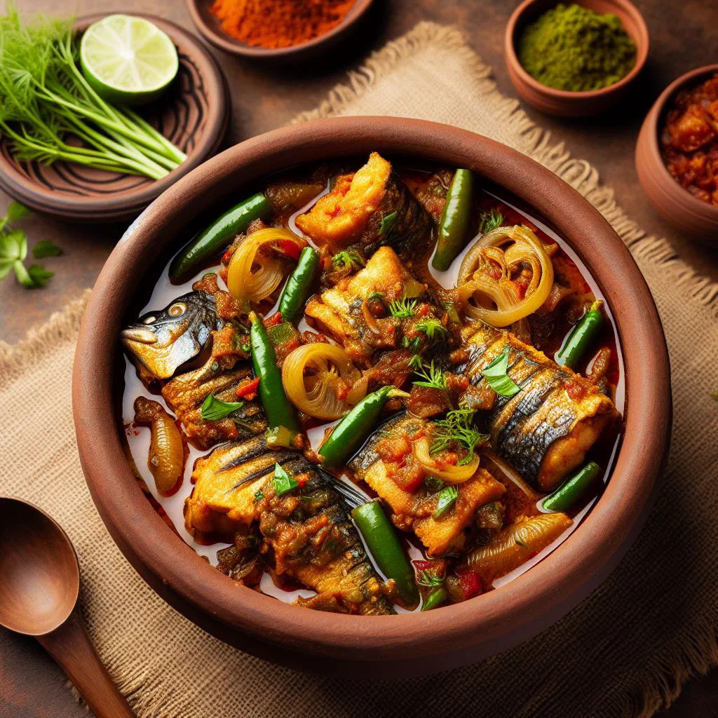 Rui macher kalia fish curry in a rich spiced sauce garnished with coriander