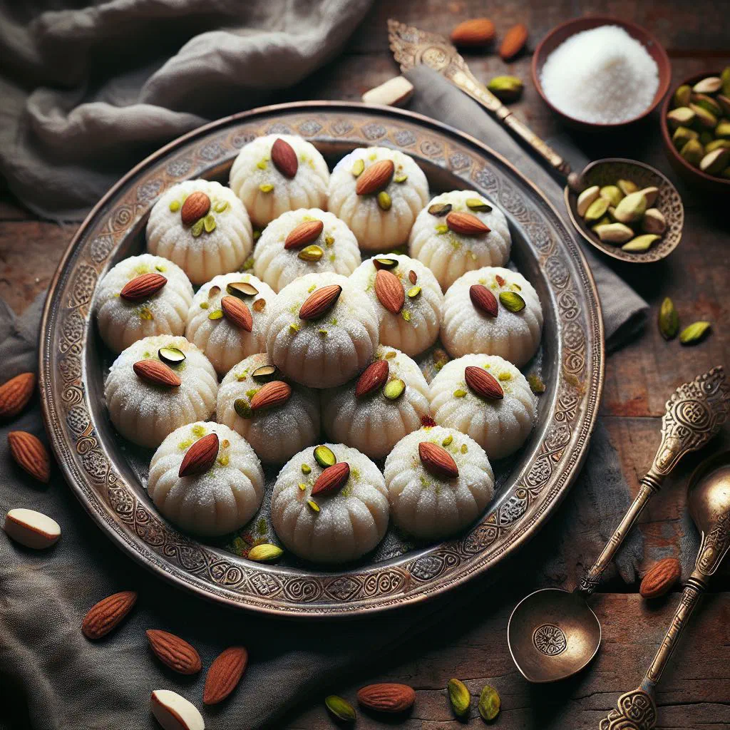Delicate white sandesh sweets topped with chopped pistachios