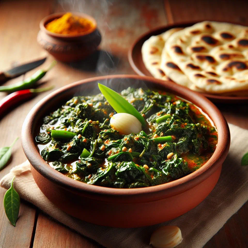 Stir-fried Bengali greens with onion and green chillies in a bowl