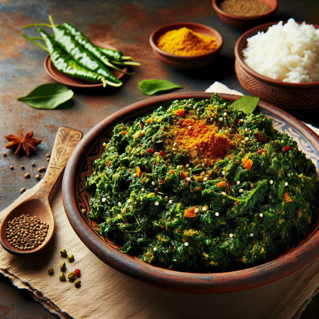 Mashed roasted aubergine and greens garnished with fresh coriander