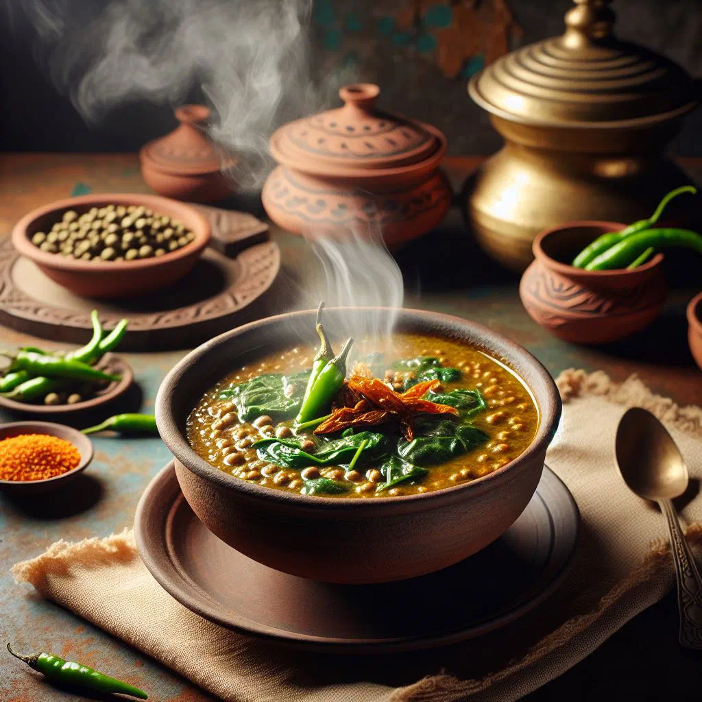 Bowl of golden lentil dal cooked with leafy greens and green chillies