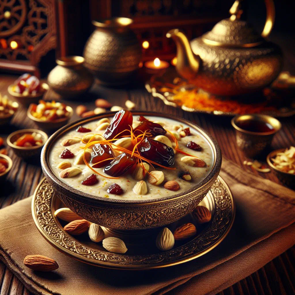 Bowl of sheer khurma with vermicelli, dates and mixed nuts