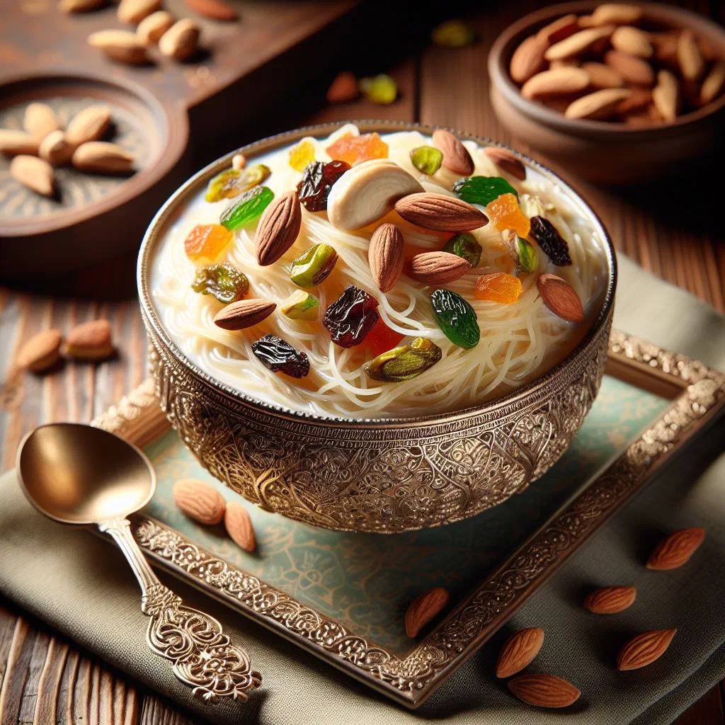 Bowl of creamy Bangladeshi shemai vermicelli pudding topped with raisins and nuts