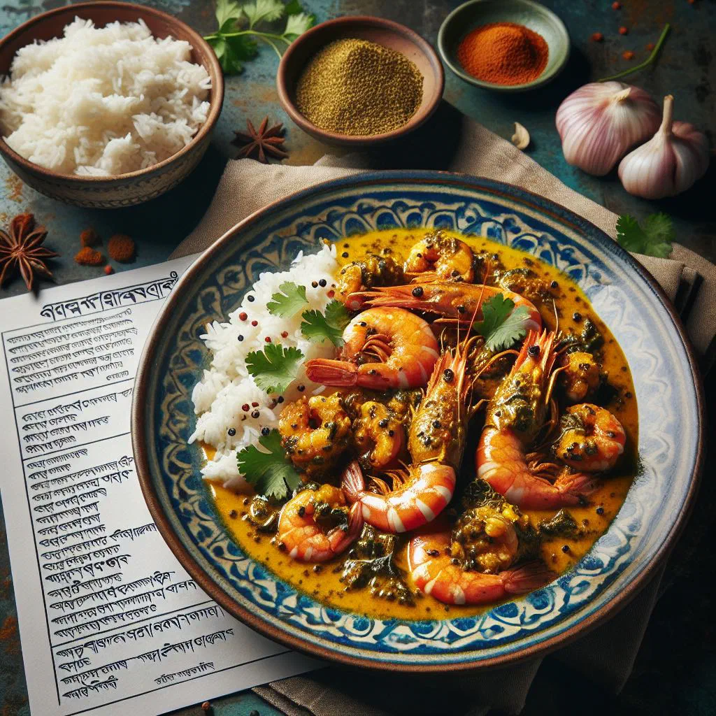 Prawns simmered in a golden mustard sauce, served with rice