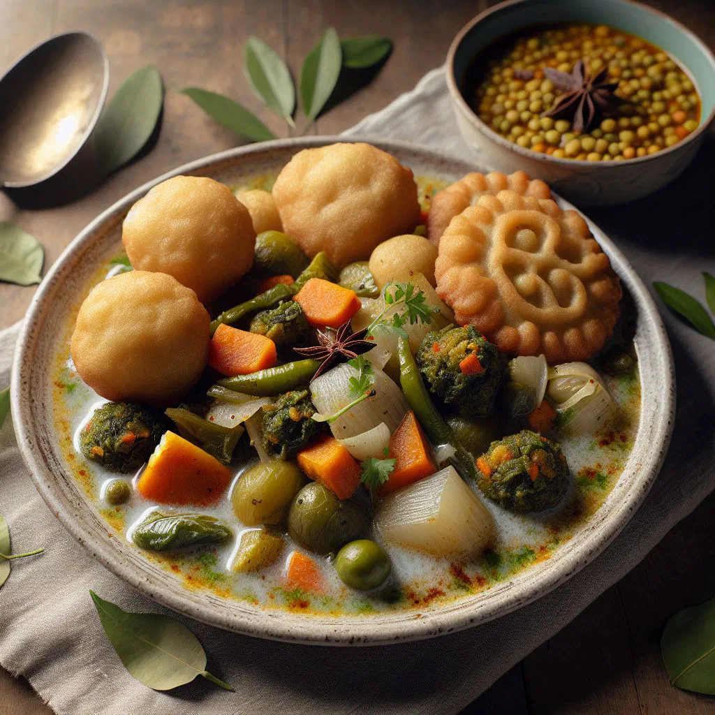 Bowl of Bangladeshi shukto with mixed vegetables and crisp bori