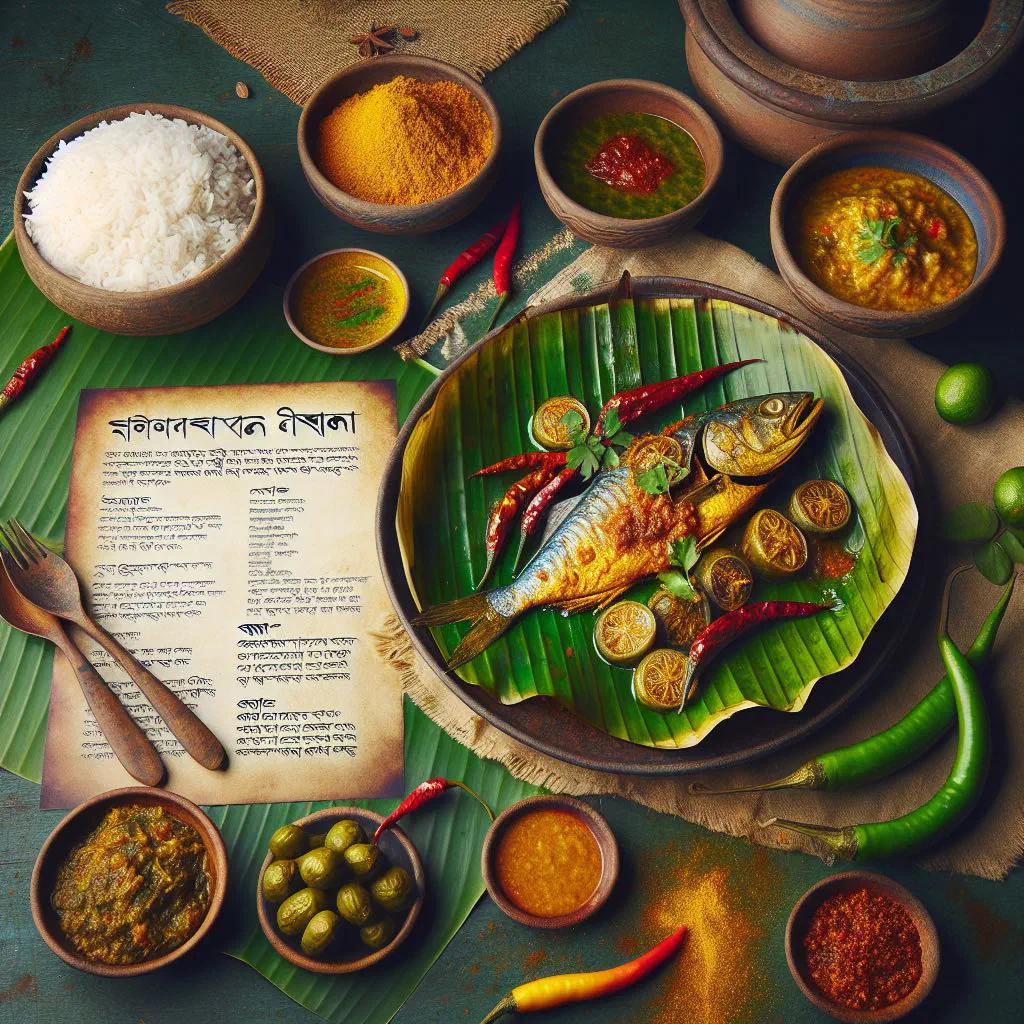 Steamed hilsa fish in a golden mustard sauce with green chillies